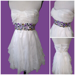 Y2k strapless Babydoll Mini dress 7 6 white tulle Gemstones Waist Fairy Prom